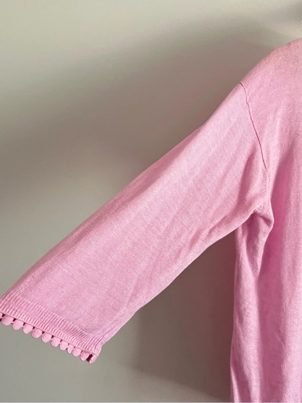 J.CREW Sweater Top 100% Linen Womens Small Pink detail Trim 3/4 Sleeves